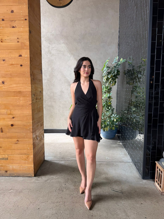Vestido Halter Cruzado con Moño - Negro