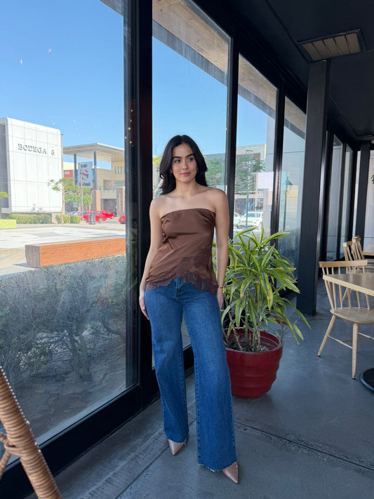 Blusa Strapless Satin/Encaje - Chocolate