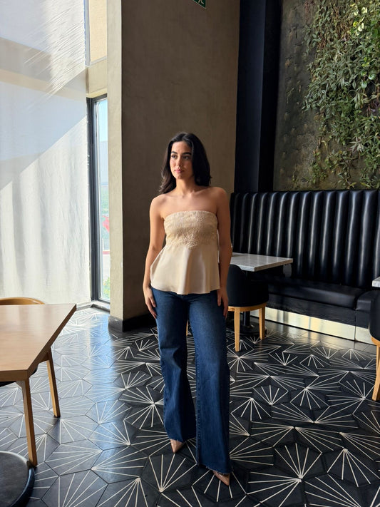 Blusa Strapless Satin/Encaje - Beige