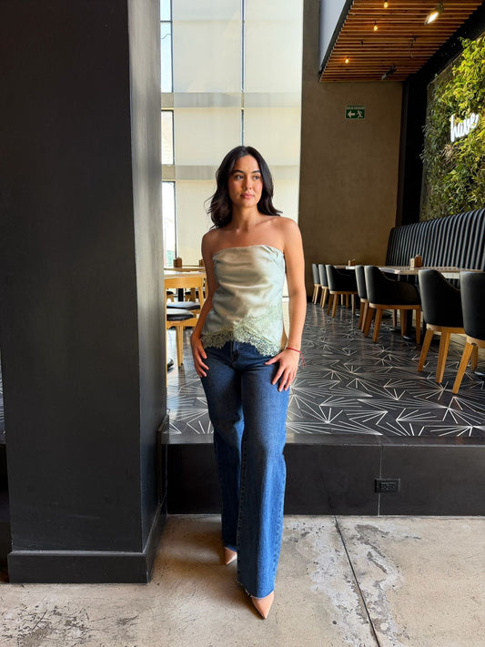 Blusa Strapless Satin/Encaje - Menta