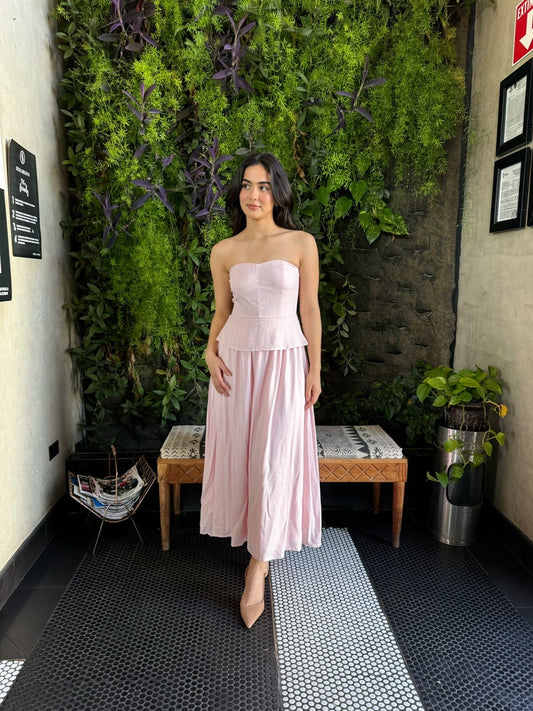 Vestido Midi Strapless Rosa
