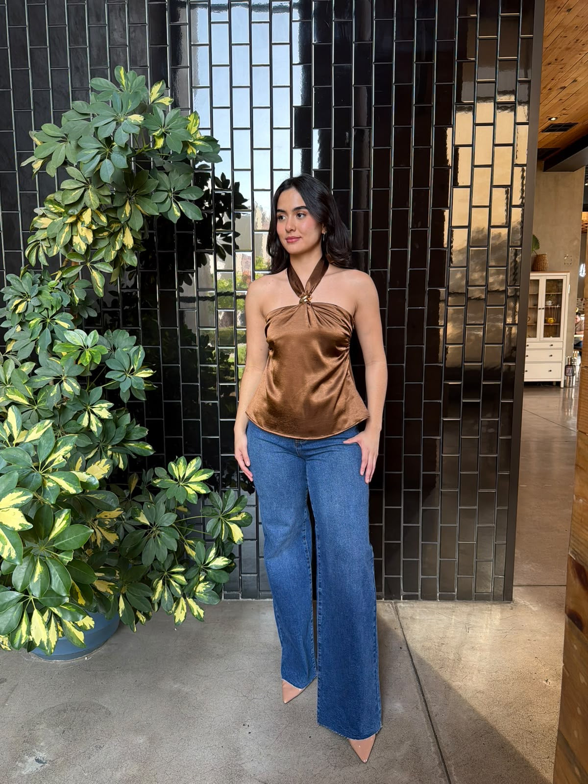 Blusa Satinada con Argolla - Café