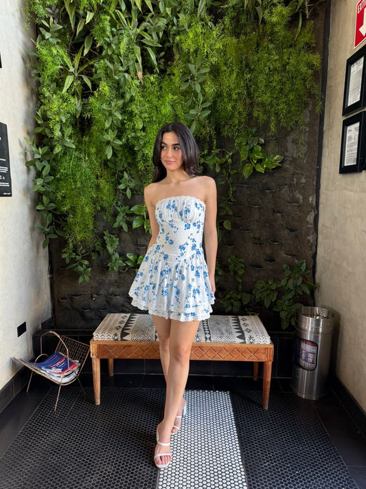 Vestido Strapless Flores Azules