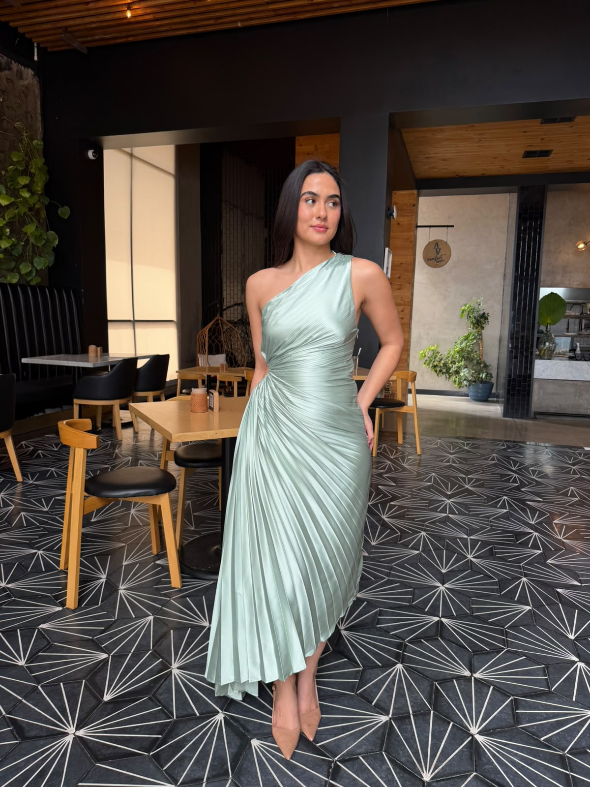 Vestido un Hombro Plisado - Aqua