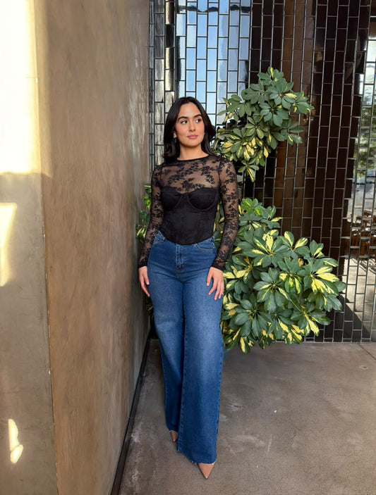 Blusa Manga Larga Encaje - Negro
