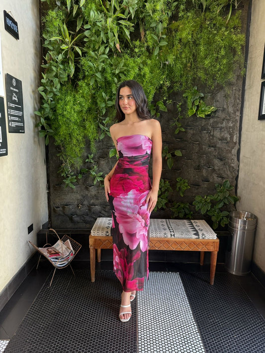 Vestido Strapless Estampado Flores