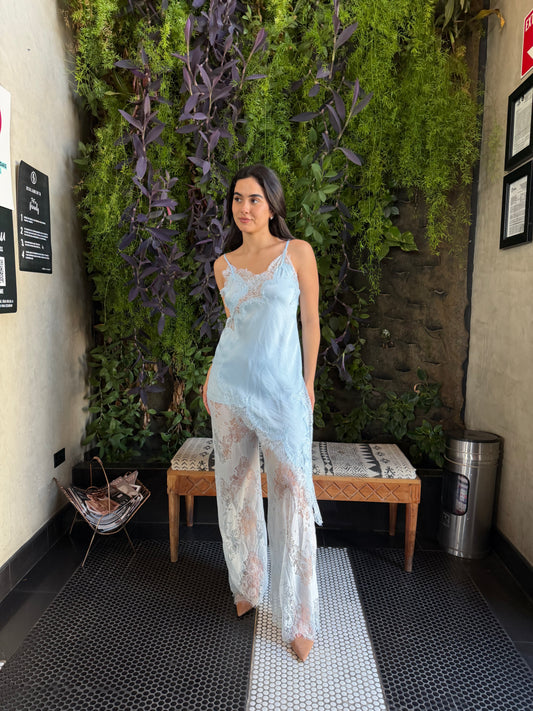 Conjunto Pantalón De Encaje Azul