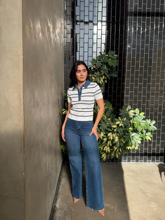 Blusa cuello Denim - Blanco