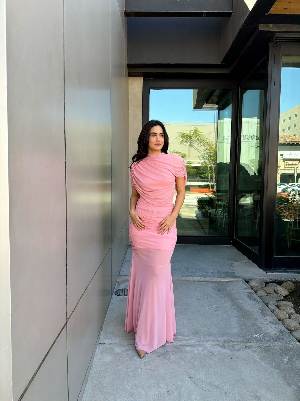 Vestido Corrugado Mesh Rosa