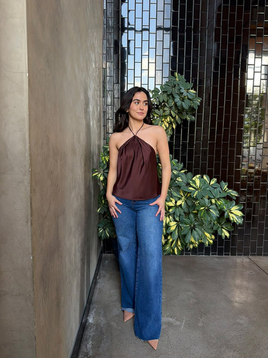 Blusa Halter Satinada - Café