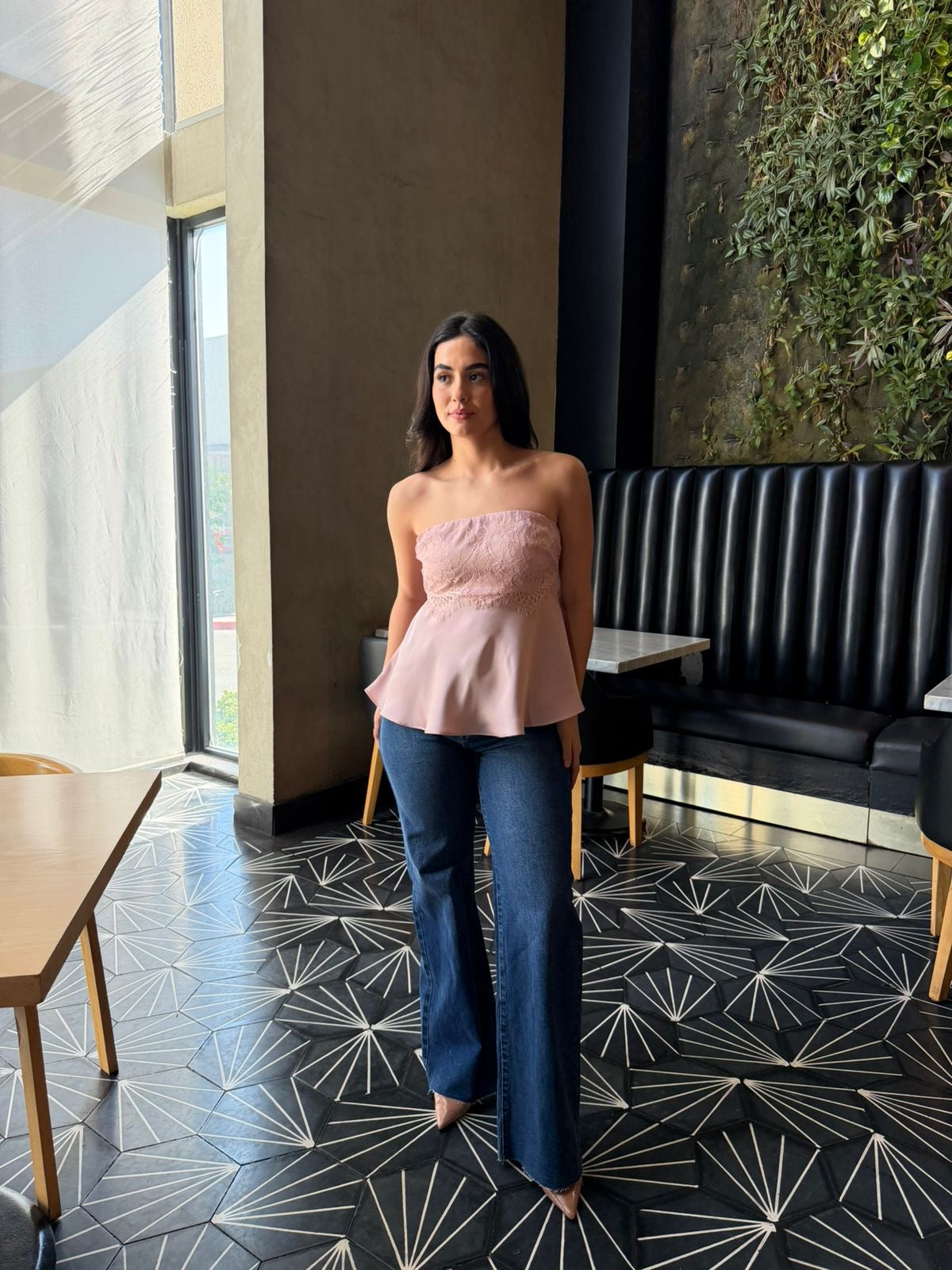 Blusa Strapless Satin/Encaje - Rosa