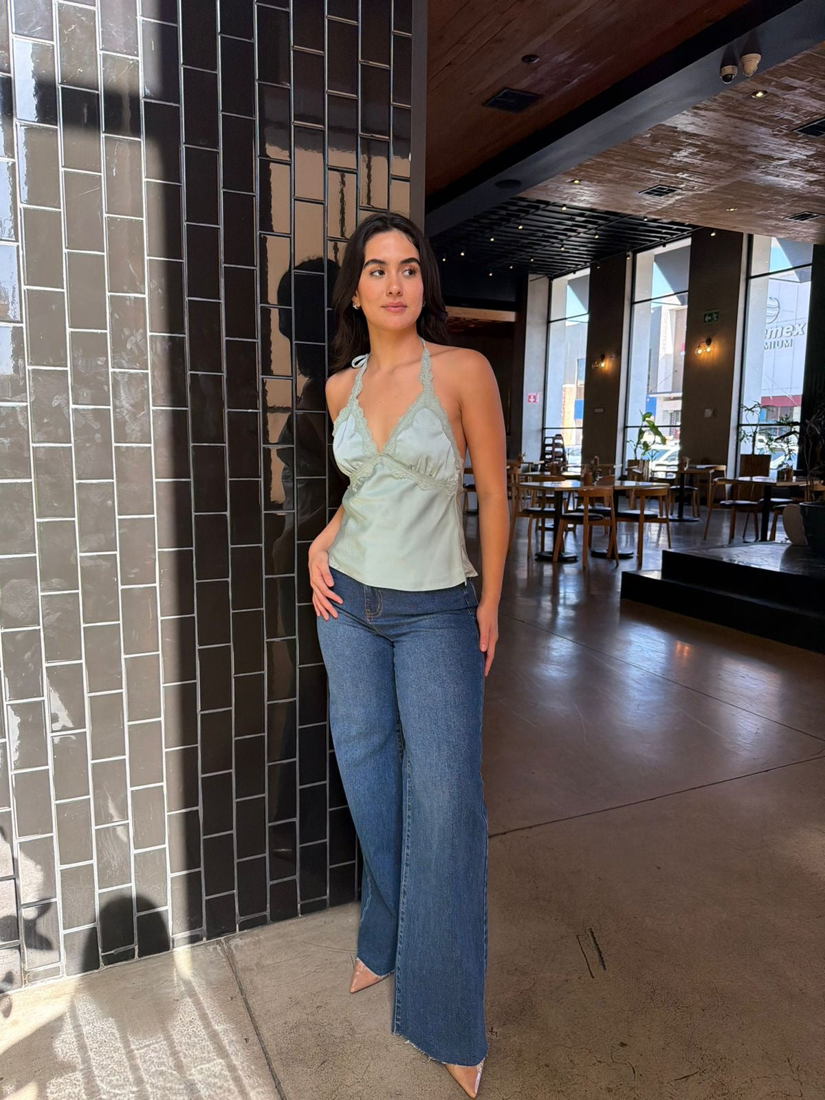 Blusa Satinada con Encaje - Aqua