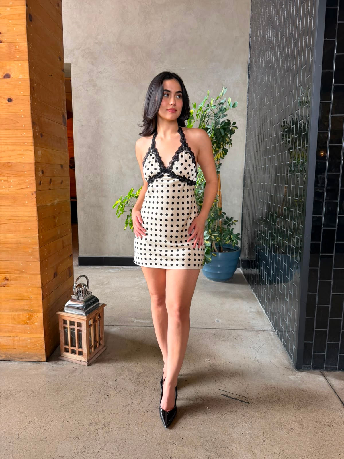 Vestido Satin con Encaje - Ivory Dots