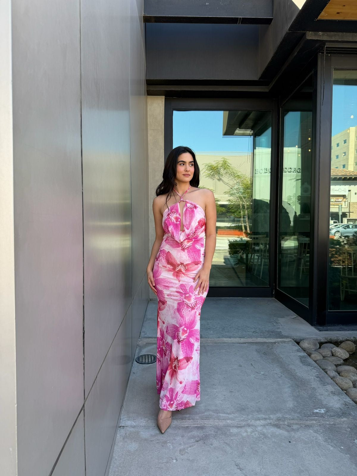 Vestido Halter Flores Mesh