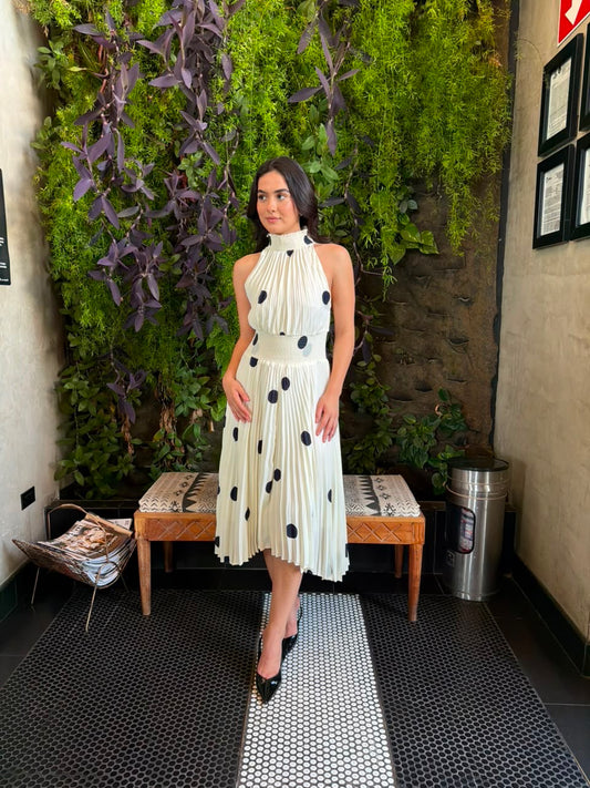 Vestido Plisado Dots Crema