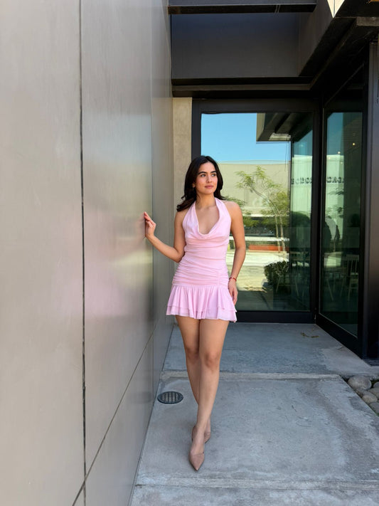 Vestido Halter Mesh Corrugado - Rosa