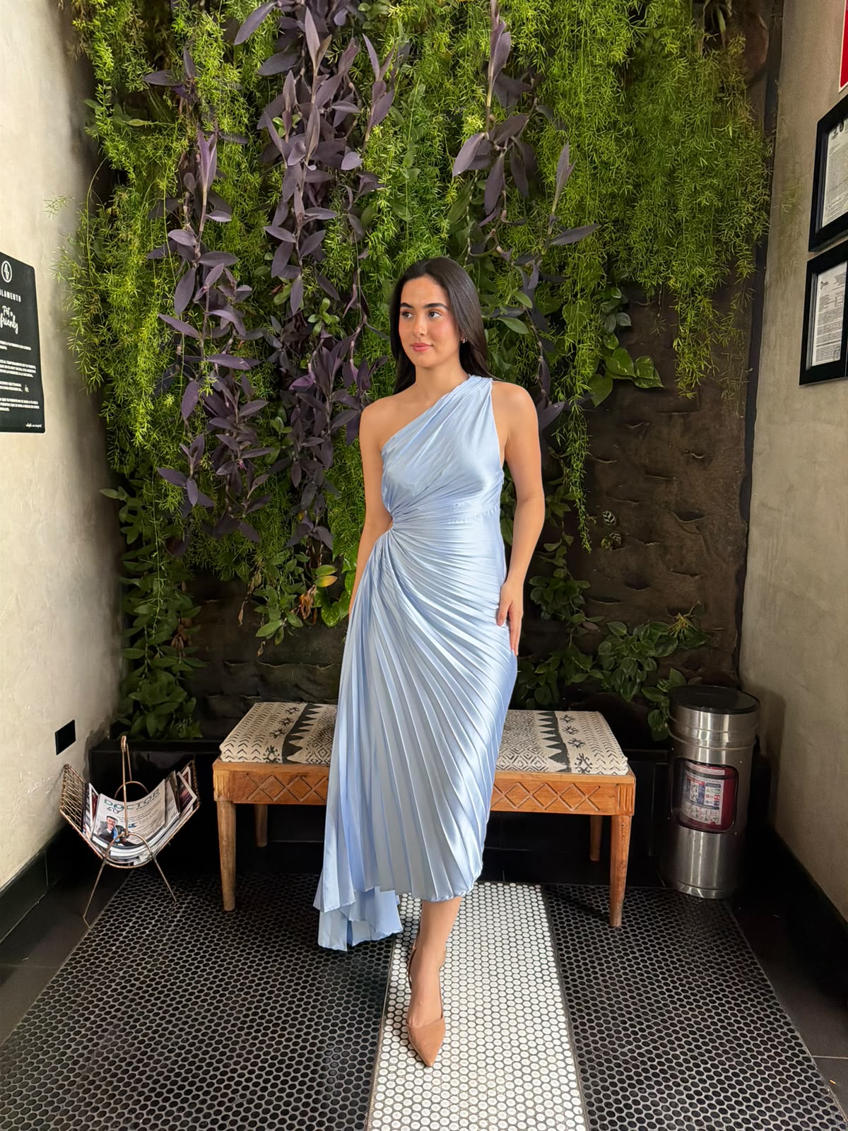 Vestido un Hombro Plisado - Azul