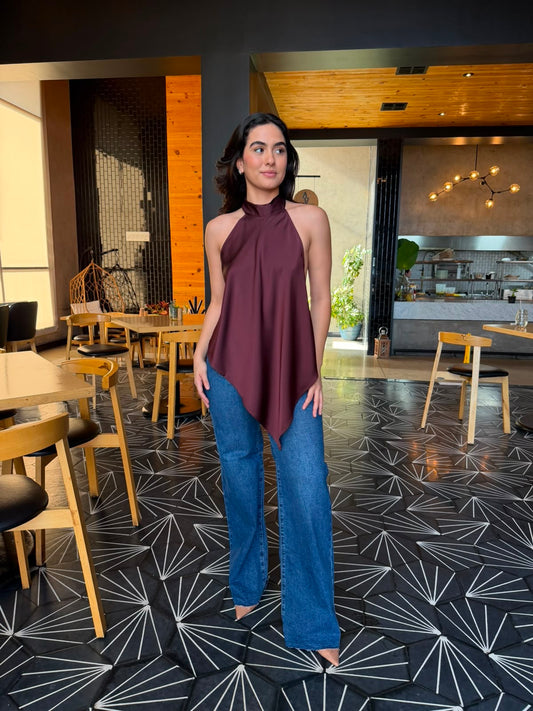 Blusa Halter Satinada Descubierta - Guinda