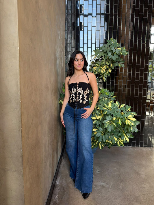 Corset Bordado Vaquero - Negro