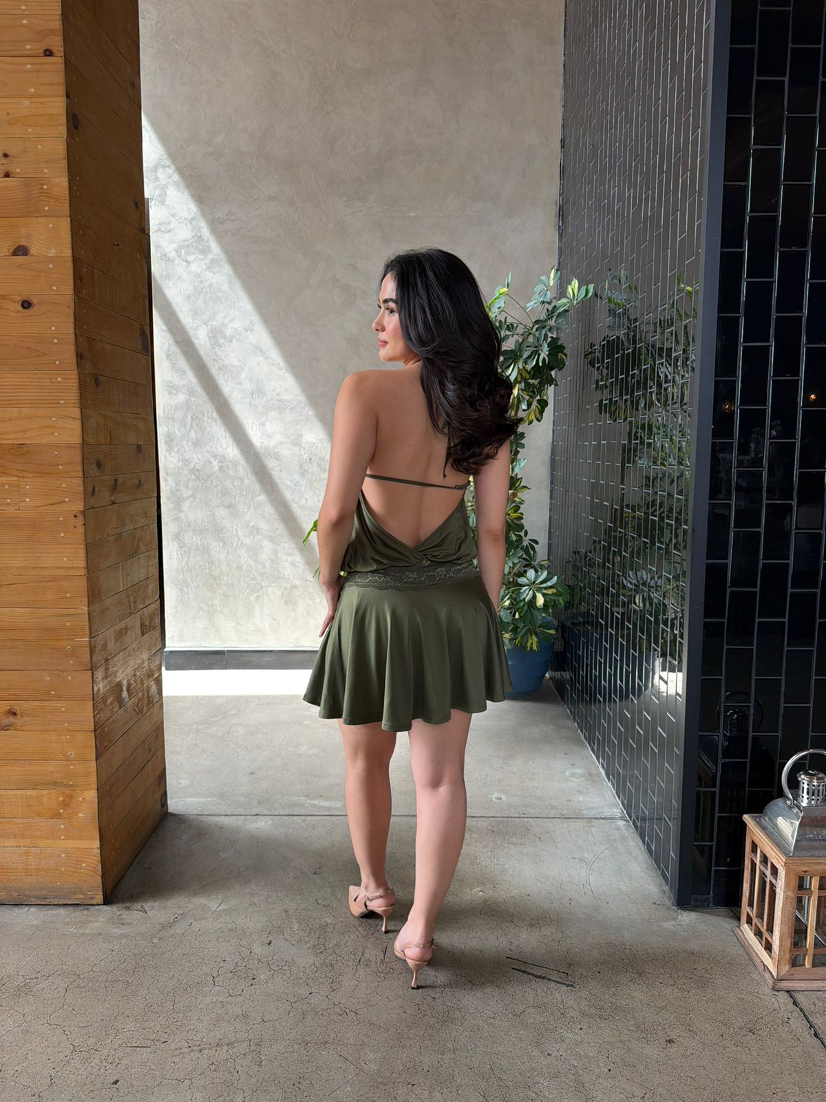 Vestido Halter con Encaje - Verde Army