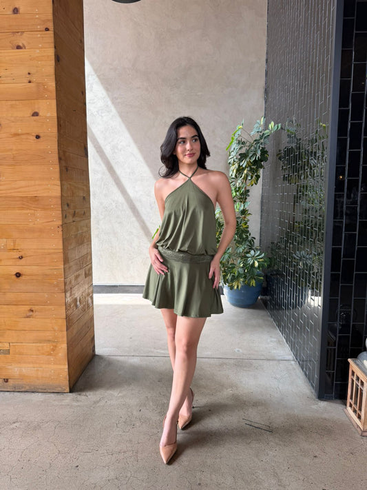 Vestido Halter con Encaje - Verde Army