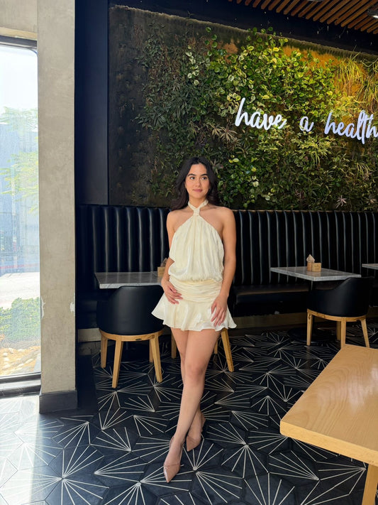 Vestido Halter Satin Brilloso - Crema