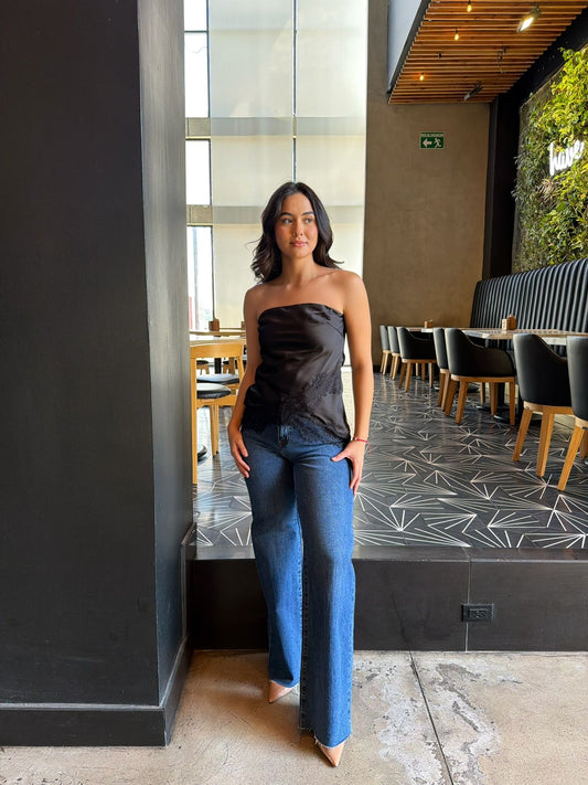 Blusa Strapless Satin/Encaje - Negro