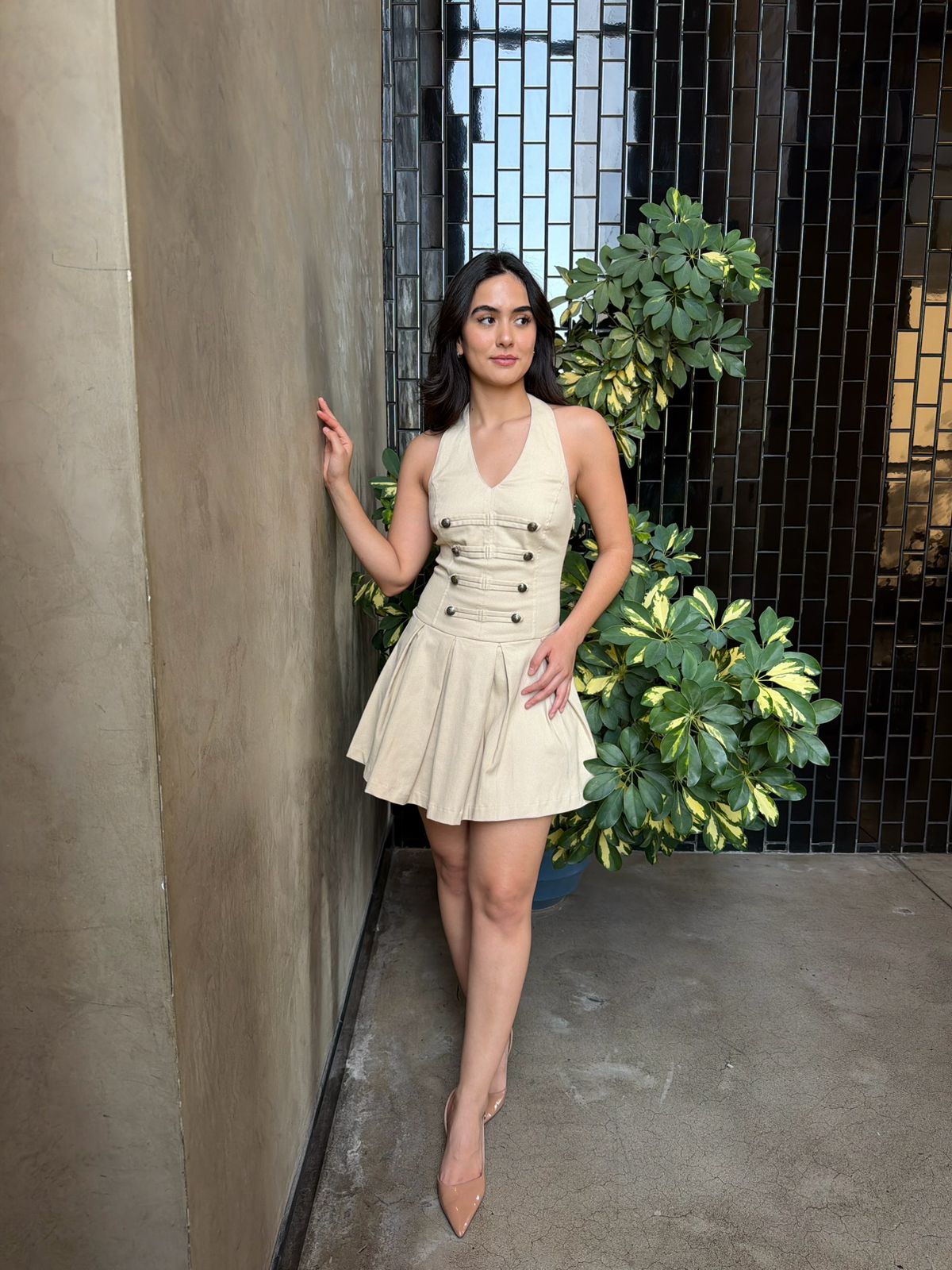 Vestido Halter Denim con Patoles - Crema