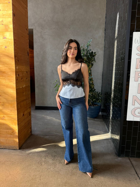 Blusa Encaje Bicolor Azul/Negro