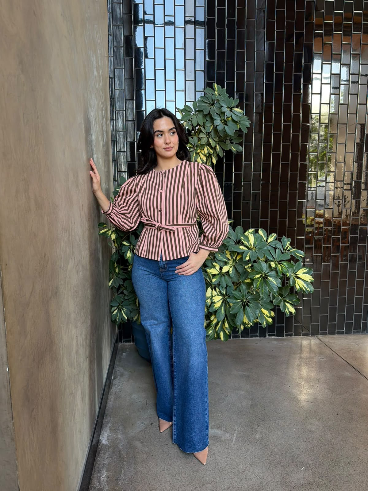 Blusa Bombacha Rayas - Rosa/Café