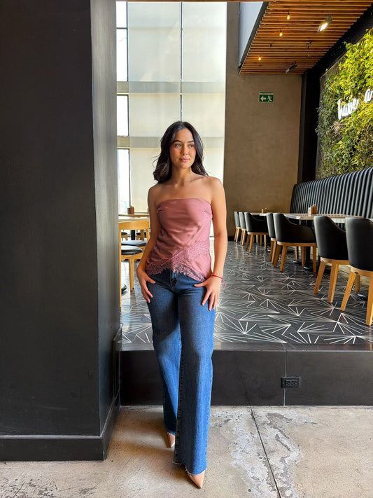 Blusa Strapless Satin/Encaje - Rosa Mauve