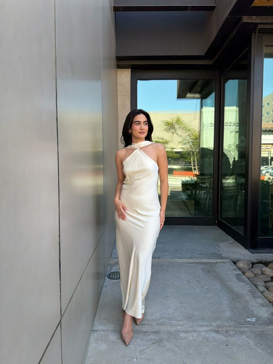 Vestido Satinado con Mascada - Crema