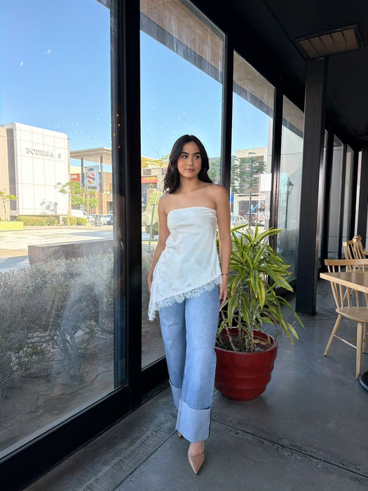Blusa Strapless Satin/Encaje Asimétrica - Blanco