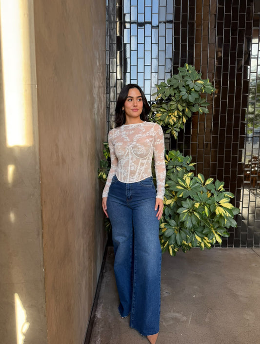 Blusa Manga Larga Encaje - Blanco