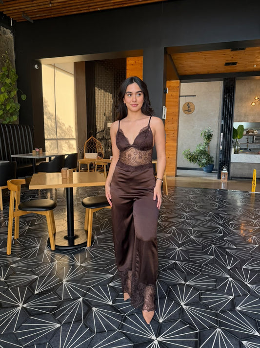 Palazo Satin/Encaje con Transparencias - Café
