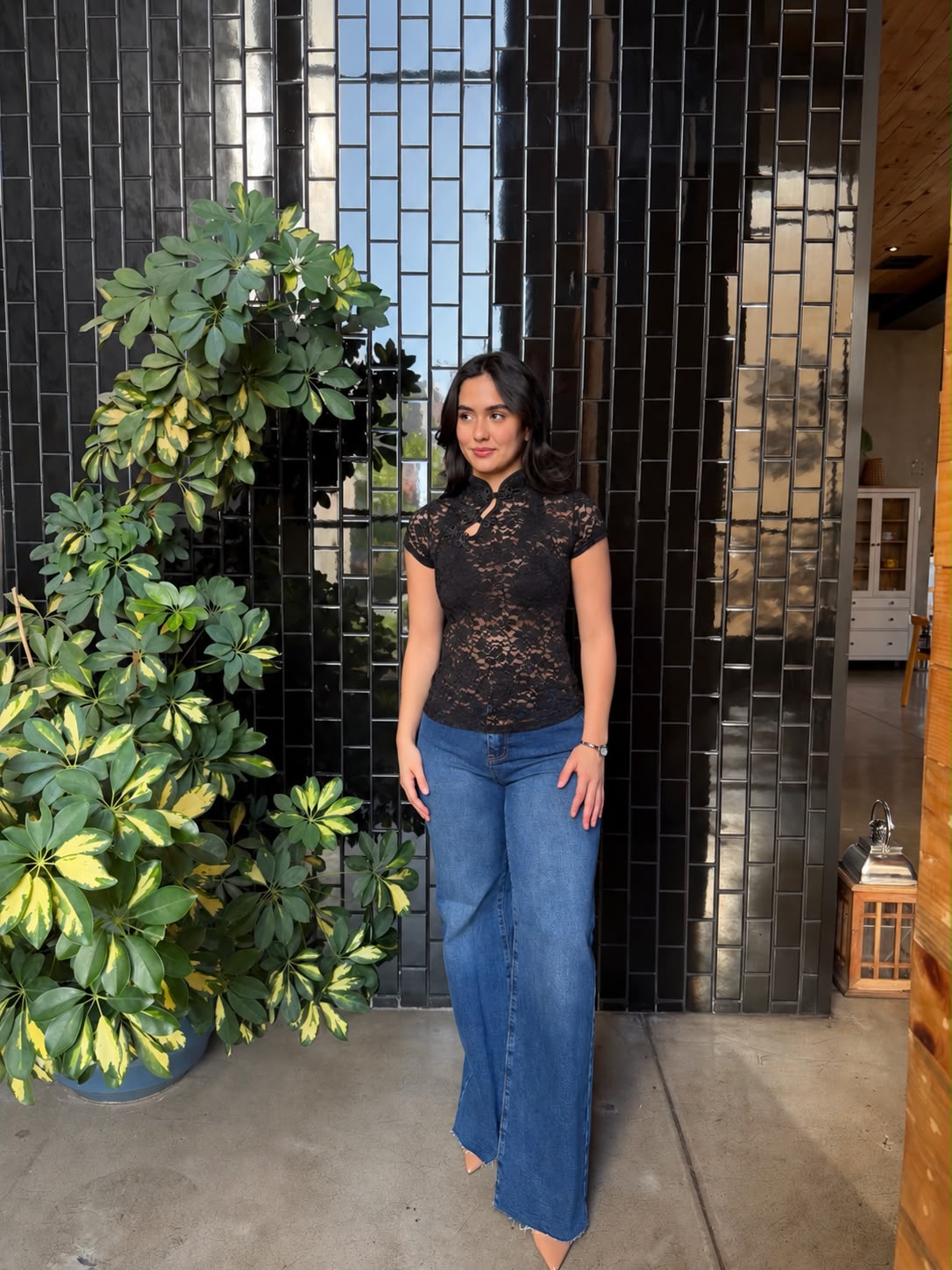 Blusa Encaje con moños en Escote - Negro