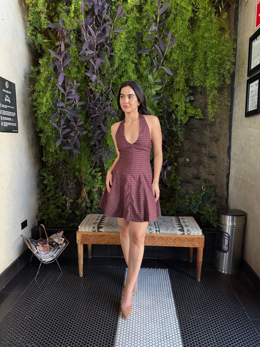 Vestido Halter Cuadros Guinda