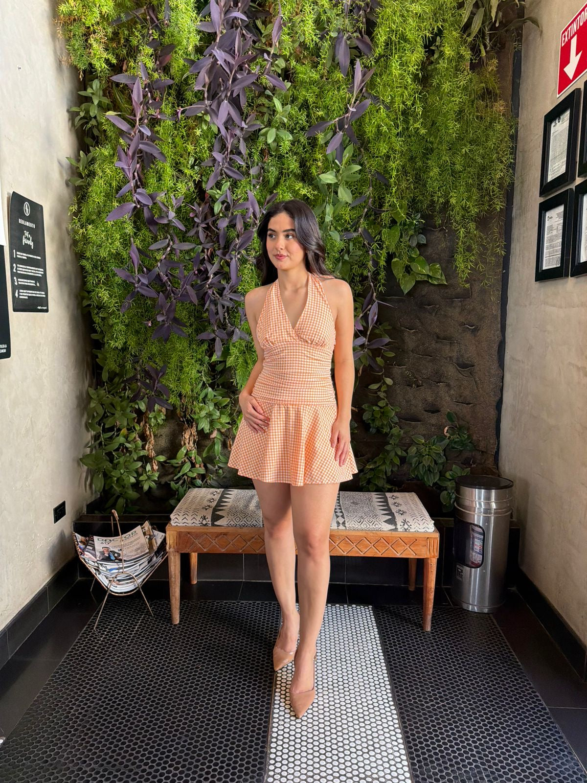 Vestido Halter de Cuadros - Naranja