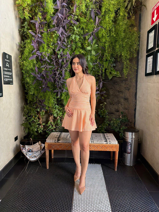 Vestido Halter de Cuadros - Naranja