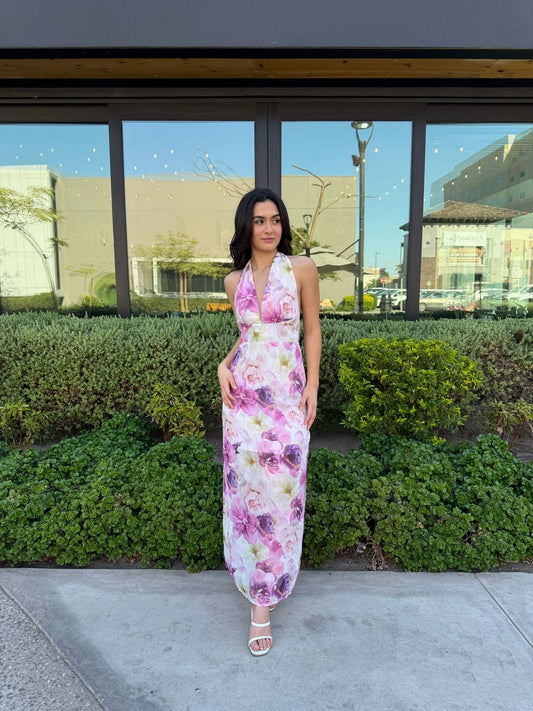 Vestido Largo Halter Flores