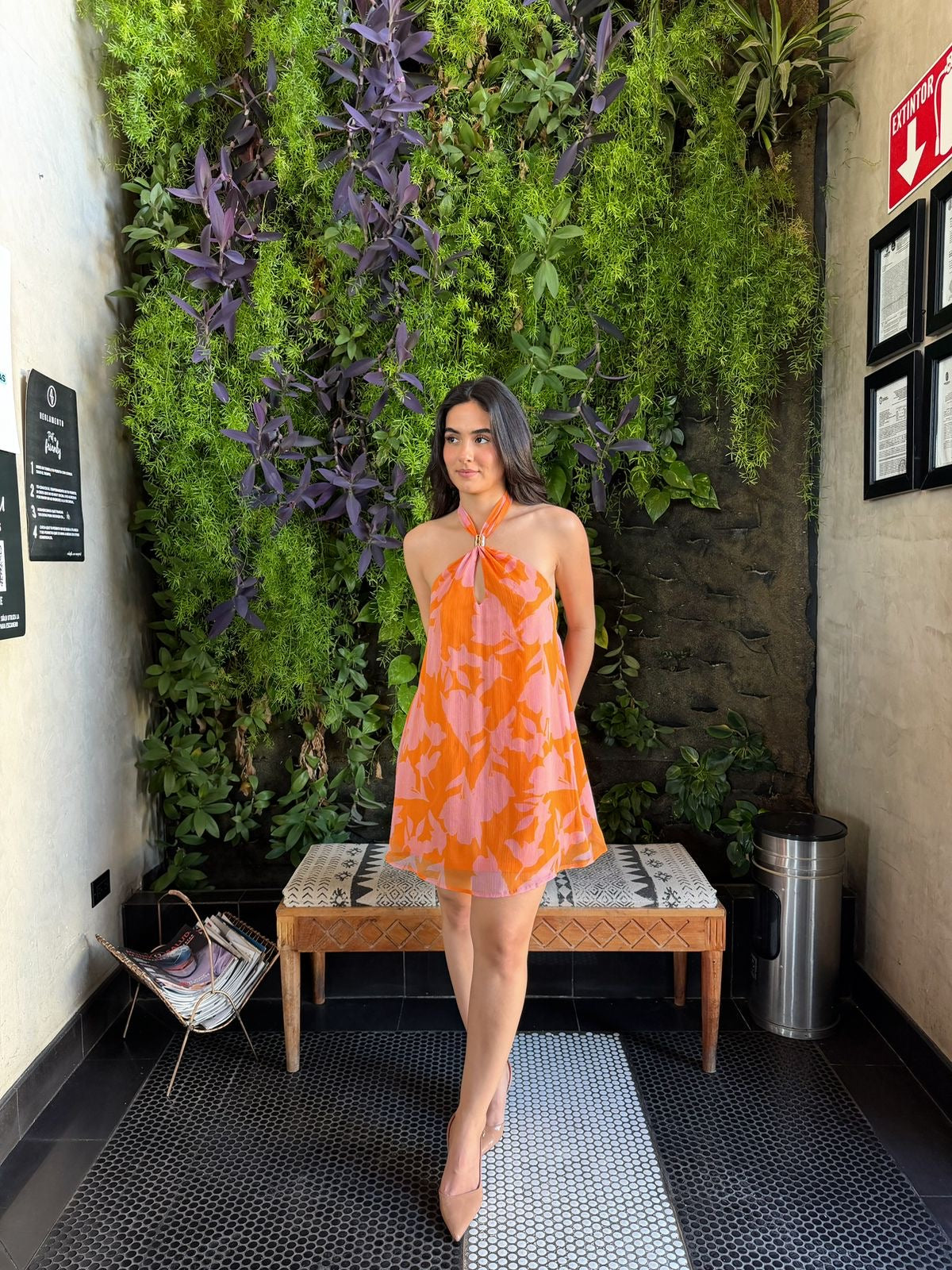 Vestido Halter Flores - Anaranjado