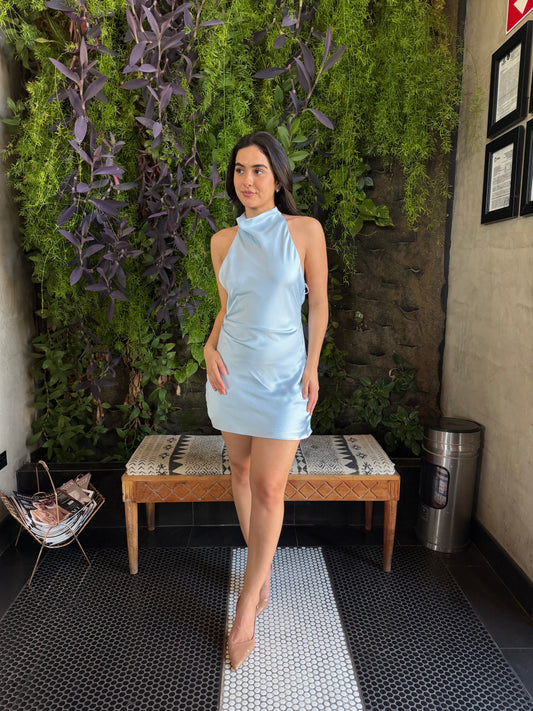 Vestido Halter Satinado Azul