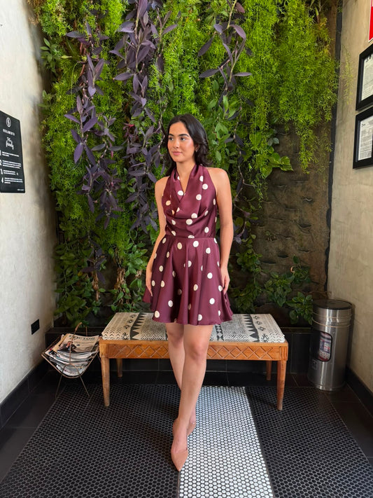 Vestido Halter Dots - Guinda/Crema