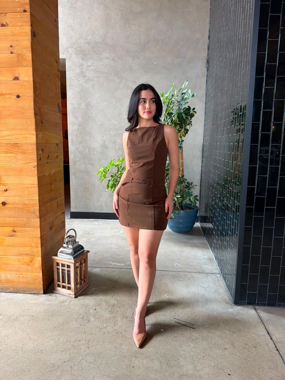 Vestido de Pana con Cinto - Café