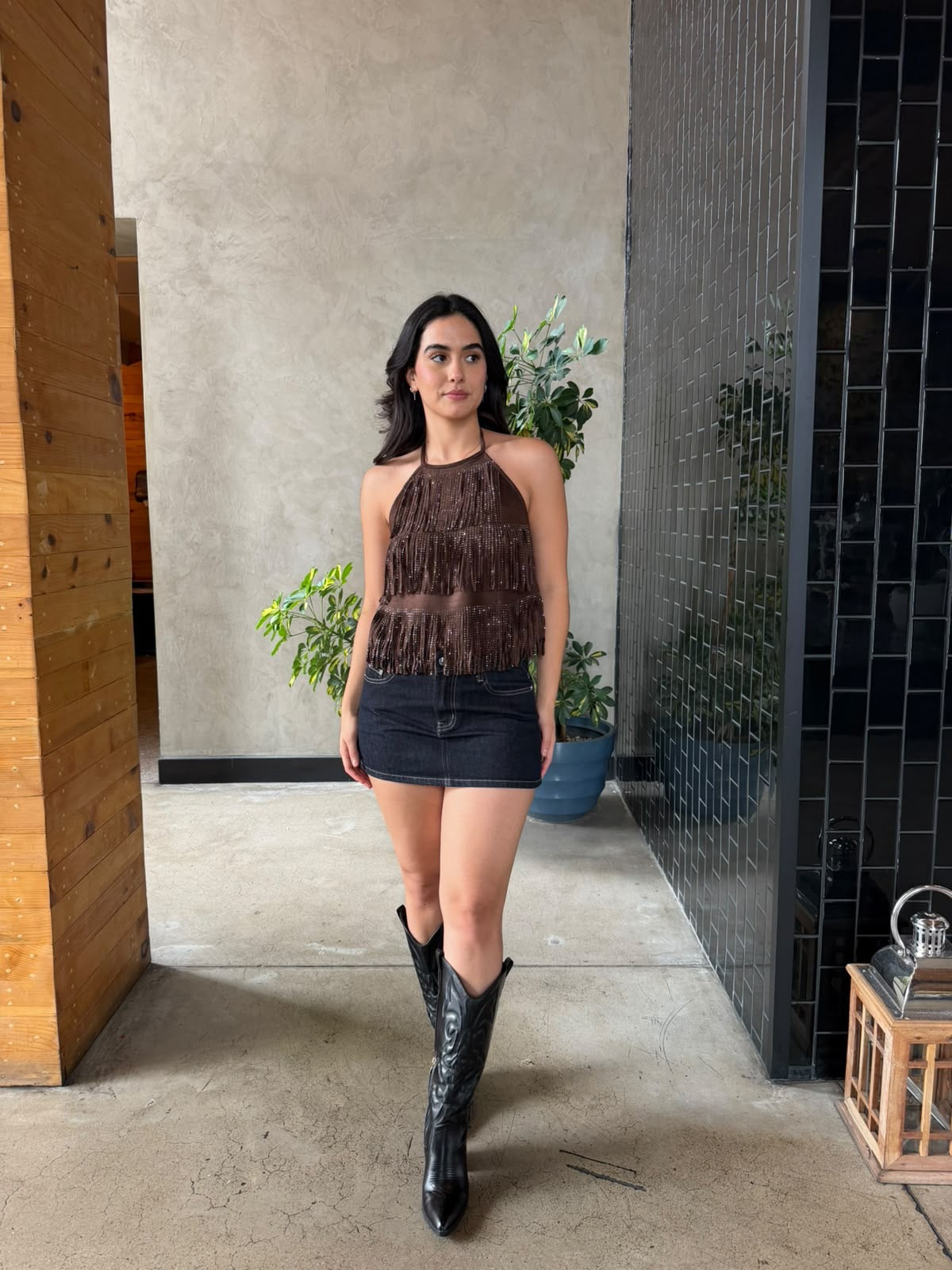 Blusa Halter con Barbitas Brillosas - Café