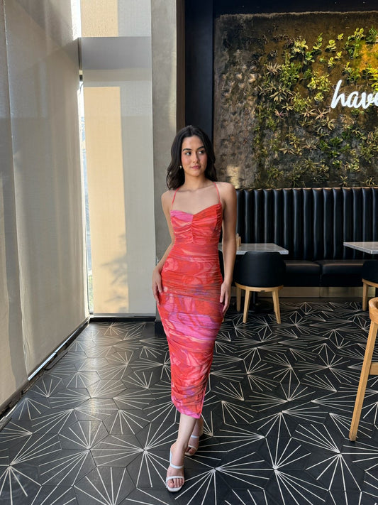Vestido Midi Rosa-Naranja
