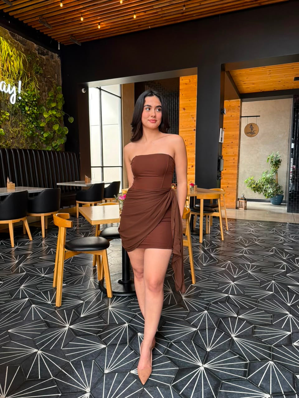 Vestido Strapless con Pareo - Café