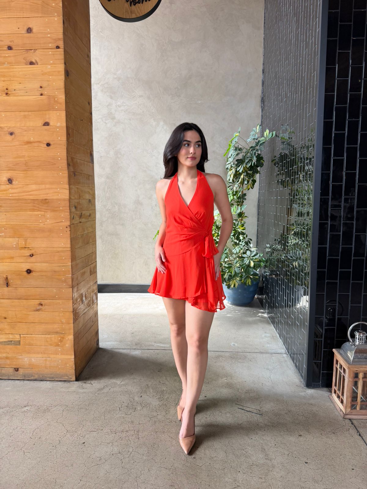 Vestido Halter Cruzado con Moño - Anaranjado