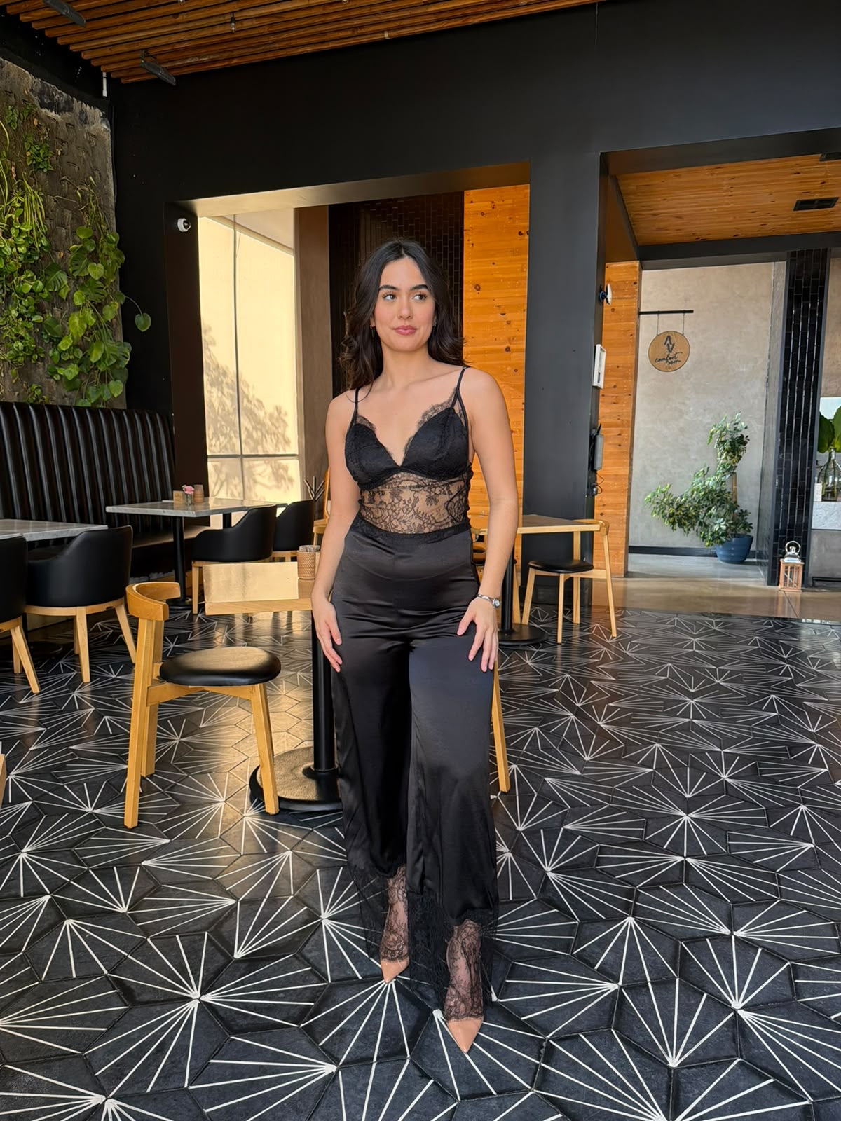 Palazo Satin/Encaje con Transparencias - Negro