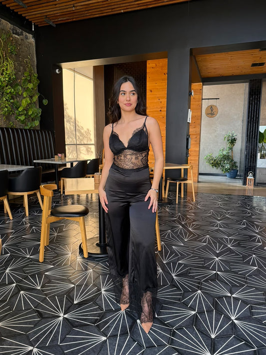 Palazo Satin/Encaje con Transparencias - Negro